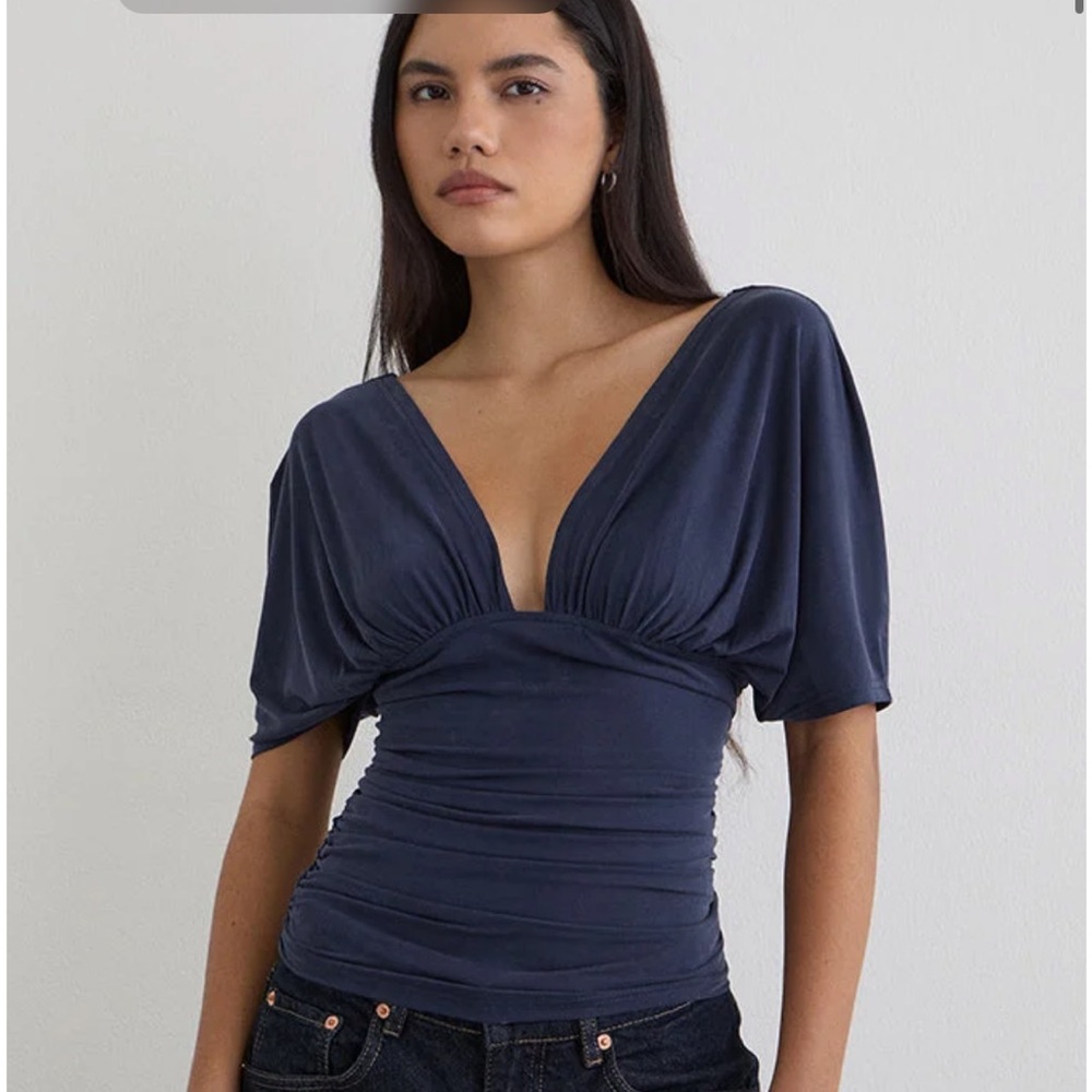 Motel rocks Vernia Plunge Batwing Top In Cupro Navy